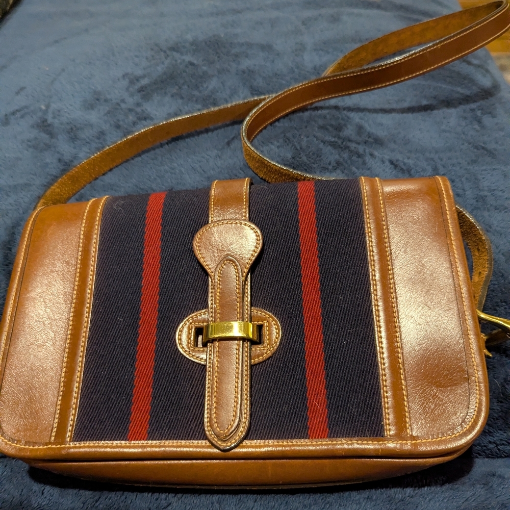 Dooney & Bourke RARE Vntg. Early 80's Bridle Leather Wool Shldr/Crssbdy Brwn Nvy